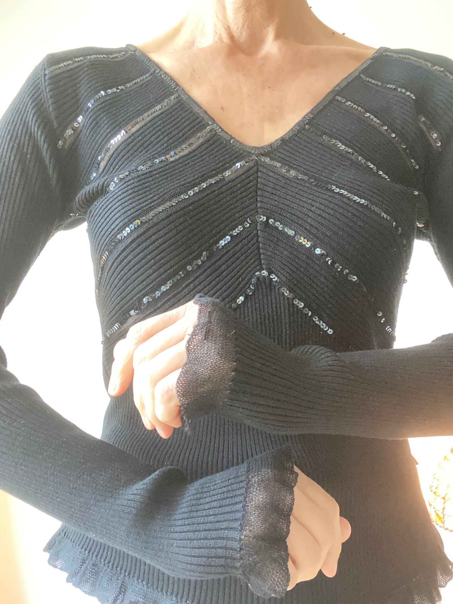 90s Christian Lacroix Black + Sequins Ribbed Top Pullover