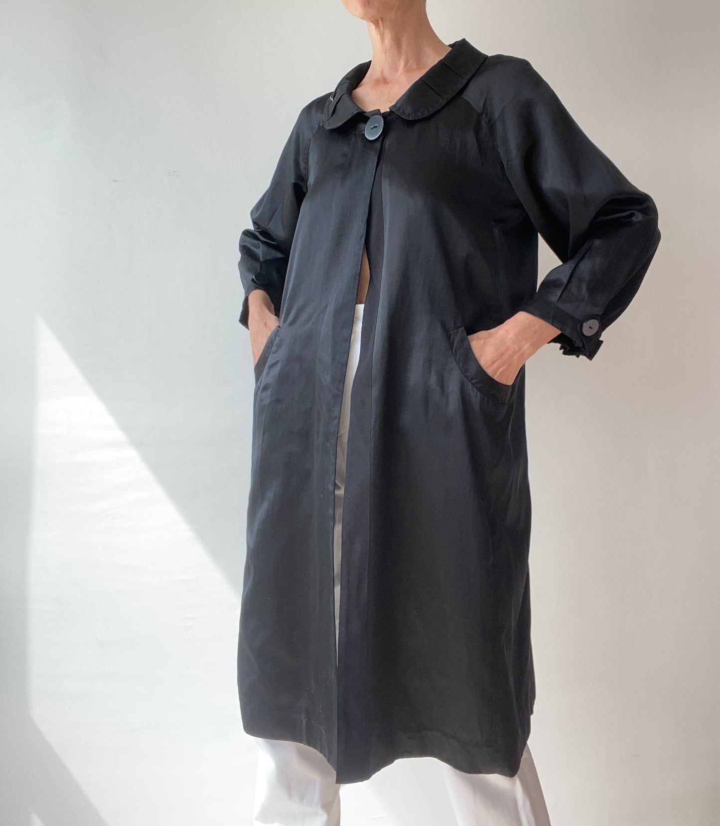 90s Black Silk and Cotton Pan collar Coat