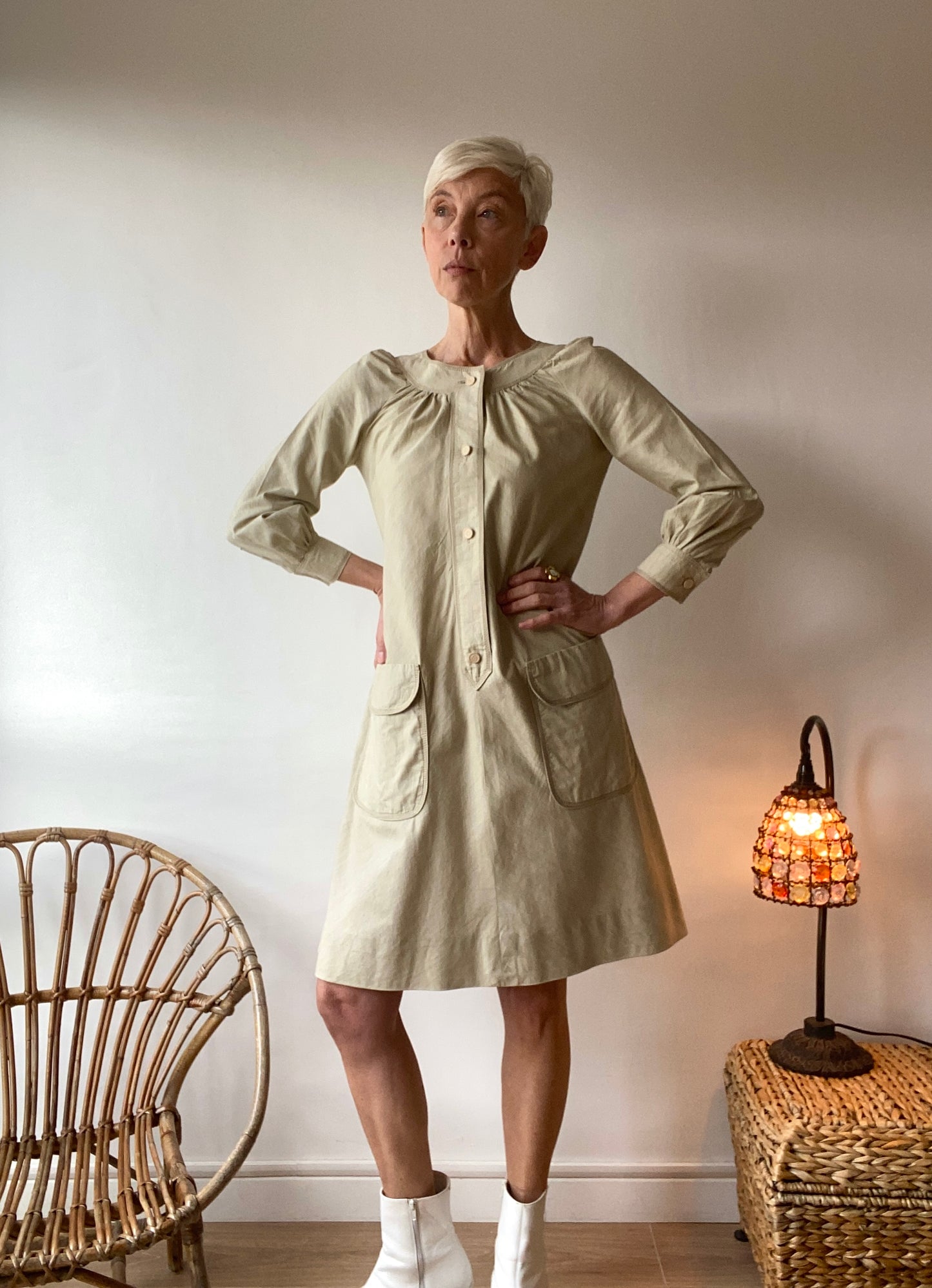 70s Ted Lapidus Amazing Minimalist Almond green Pastel Dress