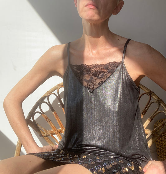 90s Charming Black silver Lace Romantic Camisole